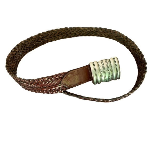 Vintage Leather Woven Made in Uraquay Belt Silver Etched Buckle Sz ML - Picture 2 of 6